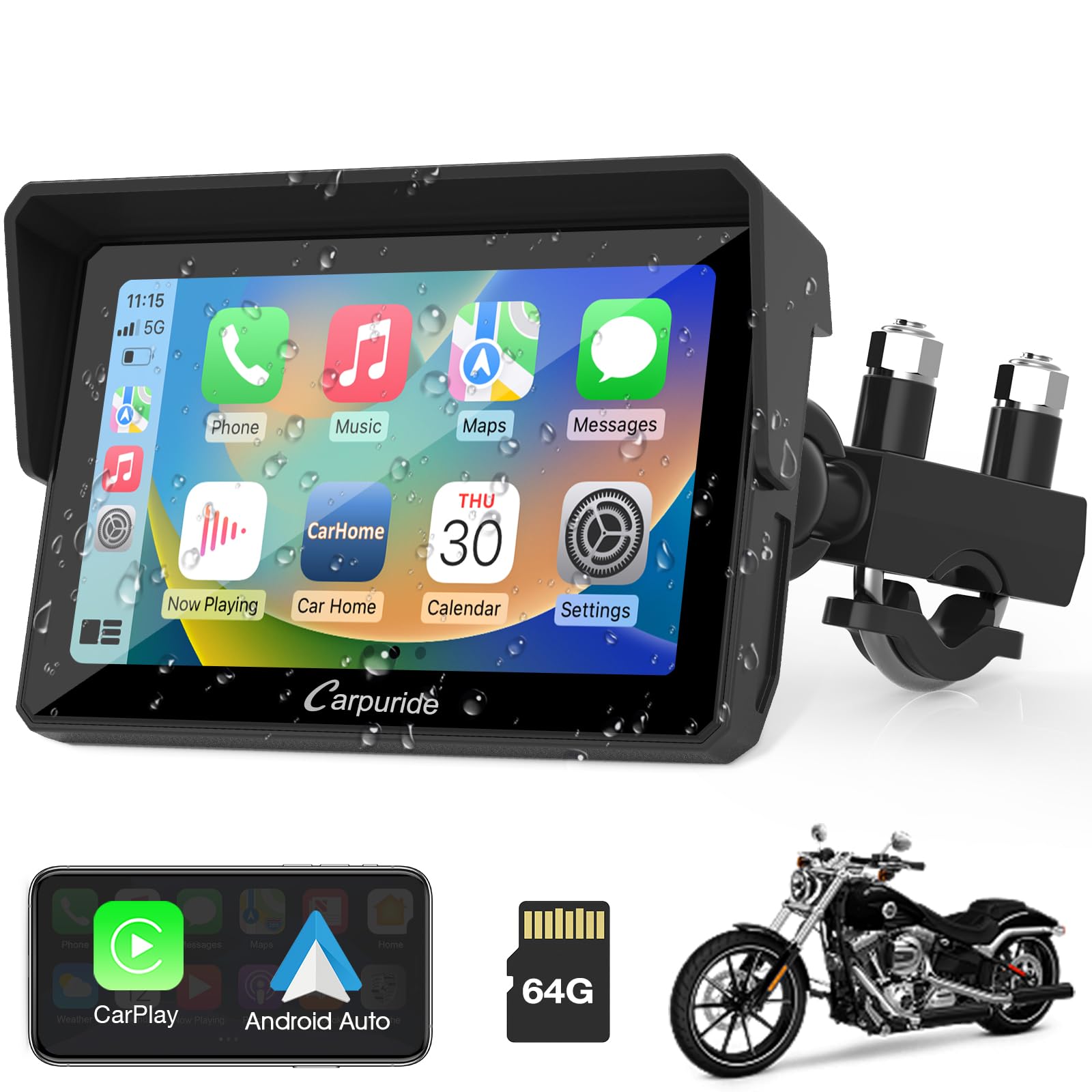 Pantalla Carpuride W502 con visera, interfaz CarPlay y soporte de abrazadera para el manillar de una moto